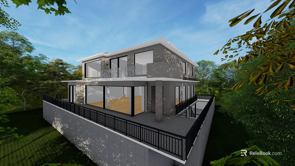 Sunlit Modern Detached Villa with Large Glass Windows Spacious Terrace and Greenery 3d model 