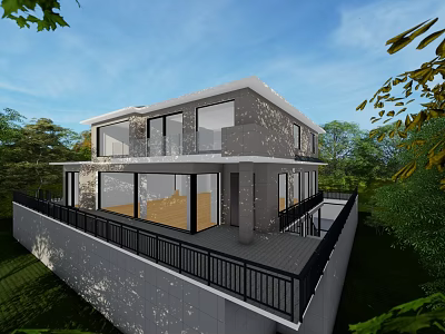 Sunlit Modern Detached Villa with Large Glass Windows Spacious Terrace and Greenery 3d model