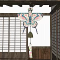 Traditional Japanese Butterfly Wind Chime Pendant With Colorful Floral Patterns Hanging In Wooden Interior