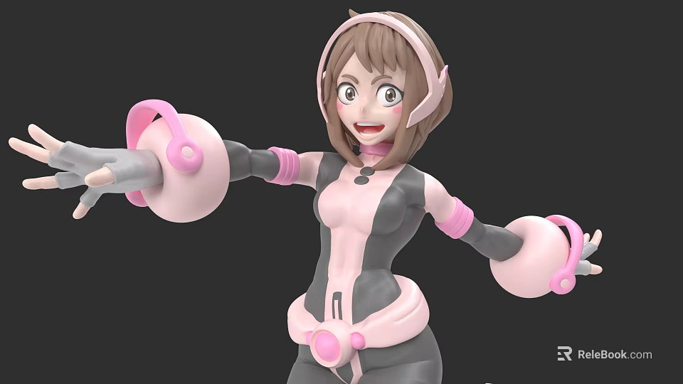Smiling 3D Woman Character Wearing Pink Gray Outfit With Headphones And Arm Devices 3d model 