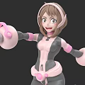 Smiling 3D Woman Character Wearing Pink Gray Outfit With Headphones And Arm Devices