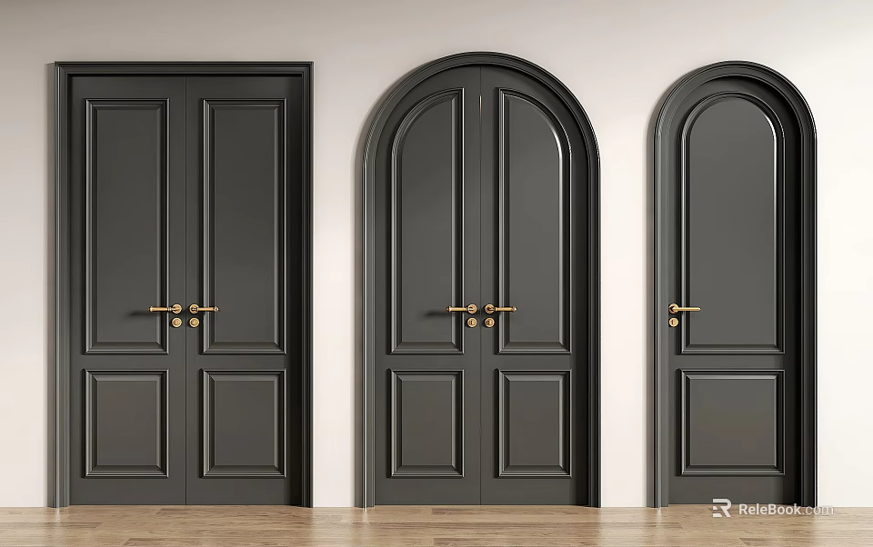 Black Double Doors Featuring Golden Handles And Arched Flat Top Designs 3d model 