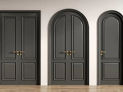 Black Double Doors Featuring Golden Handles And Arched Flat Top Designs 3d model