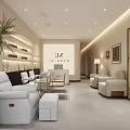 Modern Elegant Beauty Hair Salon Interior Design With White Sofa Chairs Ottoman And Palm Plants