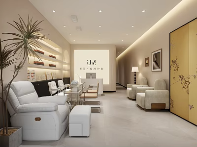 Modern Elegant Beauty Hair Salon Interior Design With White Sofa Chairs Ottoman And Palm Plants 3d model