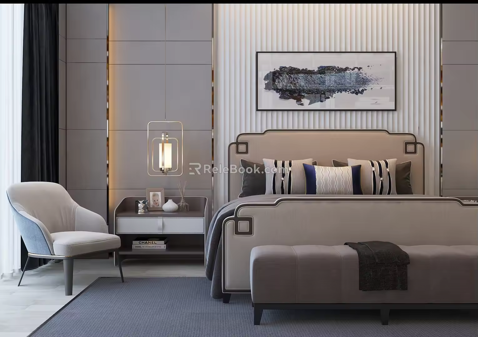 New Chinese background double bed 3d model