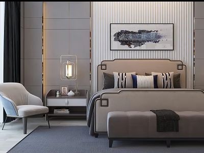 Elegant Modern Bedroom Interior With Double Bed Textured Wall Bedside Lamp Nightstand And Accent Chair 3d model