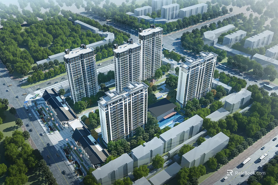 Modern High Rise Residential Buildings with Green Surroundings Nearby Commercial Areas and Roads 3d model 