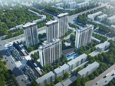 Modern High Rise Residential Buildings with Green Surroundings Nearby Commercial Areas and Roads 3d model