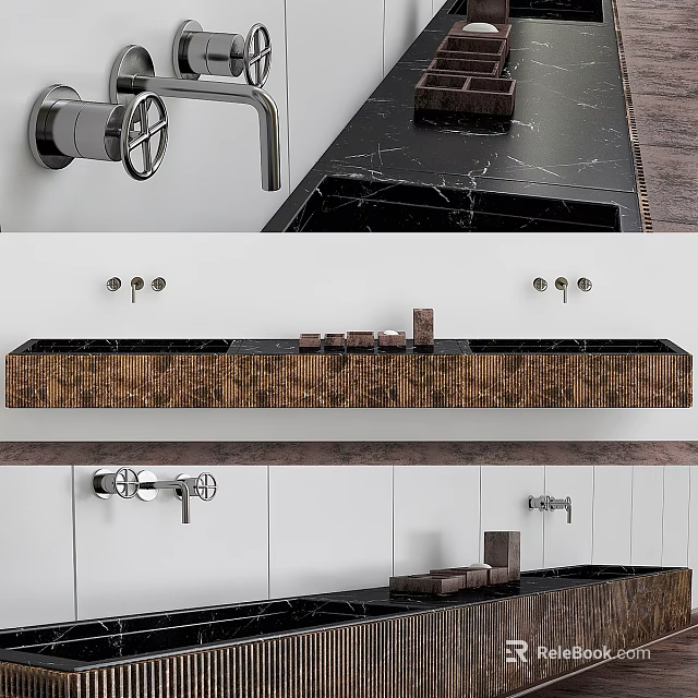 Modern Bathroom Sink with Black Countertop Brown Textured Surface White Wall and Faucet 3d model 