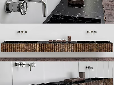 Modern Bathroom Sink with Black Countertop Brown Textured Surface White Wall and Faucet 3d model