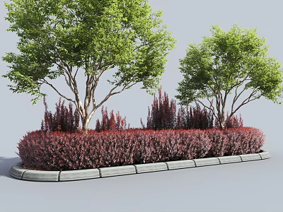 Vibrant Red Shrubs In Landscaped Garden Bed With Green Trees And Stone Edging 3d model