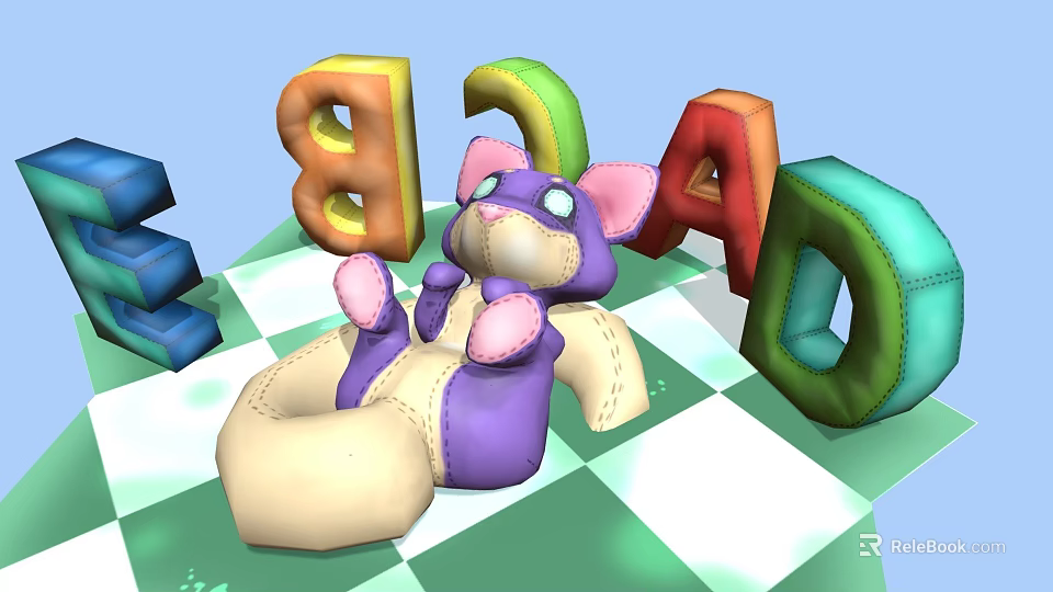 Playful Colorful Alphabet Letters With Purple Cat Toy On Checkerboard Floor 3d model 