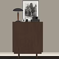 Classic Wooden Console Cabinet With Circular Patterns Table Lamp Books Camera And Framed Artwork 3d model