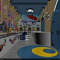 Colorful Kids Playroom Interior With Blue Walls Shelves Red Chair And Yellow Blue Floor