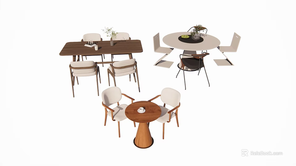 Rectangular and Round Wooden Dining Tables with Chairs and Decorative Plants 3d model
