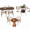 Rectangular and Round Wooden Dining Tables with Chairs and Decorative Plants 3d model