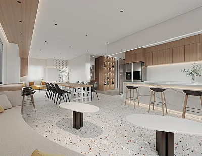 Modern Lounge Area Interior Design With Sofa Round Tables Chairs And Wooden Elements 3d model