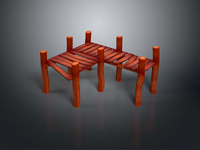 Simple Red Wooden Stools With Slatted Seats And Straight Legs Design 3d model