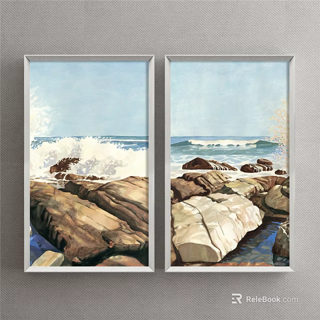 Seascape Landscape Painting with Waves Crashing on Rocks Splashing Water and Blue Sky 3d model 