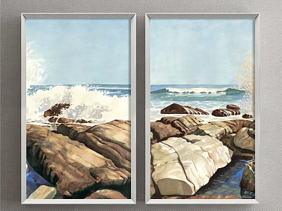 Seascape Landscape Painting with Waves Crashing on Rocks Splashing Water and Blue Sky 3d model