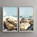 Seascape Landscape Painting with Waves Crashing on Rocks Splashing Water and Blue Sky