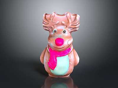 Handcrafted Reindeer Sculpture With Pink Nose And Pink Scarf In Brown And Blue 3d model