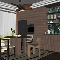 Modern Dining Room Interior With Round Table Sunflowers Fruit Platter Wooden Cabinets And Marble Wall