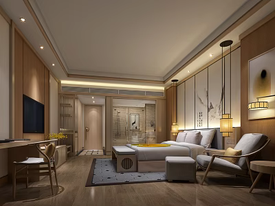 Modern Comfortable Hotel Room Interior With Soft Lighting Armchair And Decorative Painting 3d model