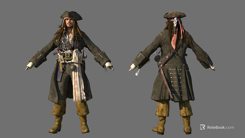 Pirate Themed Game Movie Character With Tricorn Hat Long Coat Leather Boots And Sash Belt 3d model 