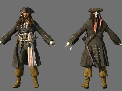 Pirate Themed Game Movie Character With Tricorn Hat Long Coat Leather Boots And Sash Belt 3d model