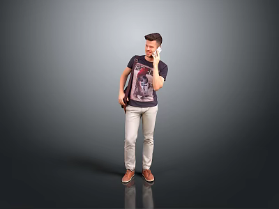 Man Talking on Phone in Dark T-Shirt and Light Pants Carrying Backpack Against Gray Background 3d model