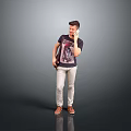 Man Talking on Phone in Dark T-Shirt and Light Pants Carrying Backpack Against Gray Background