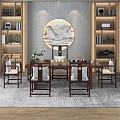 Chinese Style Wooden Tea Table and Chairs with Tea Set Decorative Painting and Bookshelf