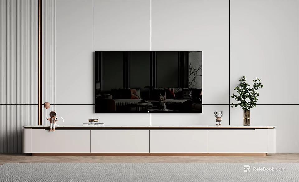 Modern White TV Stand With Mounted TV Green Plant And Decorative Items 3d model 