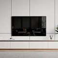 Modern White TV Stand With Mounted TV Green Plant And Decorative Items