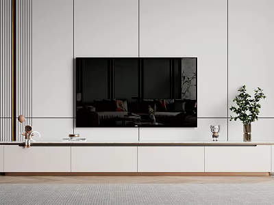 Modern White TV Stand With Mounted TV Green Plant And Decorative Items 3d model
