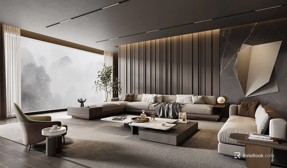 Modern Living Room Interior With Wooden Paneled Wall Gray Sofa Large Window And Area Rug 3d model 
