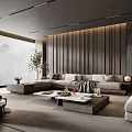 Modern Living Room Interior With Wooden Paneled Wall Gray Sofa Large Window And Area Rug