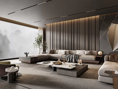 Modern Living Room Interior With Wooden Paneled Wall Gray Sofa Large Window And Area Rug 3d model