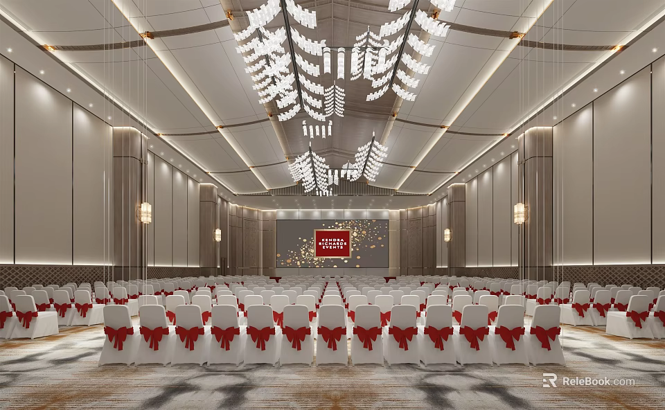Spacious Modern Conference Room Interior With Rows Of Chairs Red Bows Large Screen And Chandeliers 3d model 