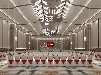 Spacious Modern Conference Room Interior With Rows Of Chairs Red Bows Large Screen And Chandeliers 3d model