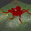 Large Red Octopus With Green Glass Bottle On Dark Rocky Seabed