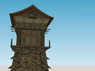 Traditional Rustic Tower With Stone Base And Wooden Structure Featuring Pointed Roof And Decorative Windows 3d model