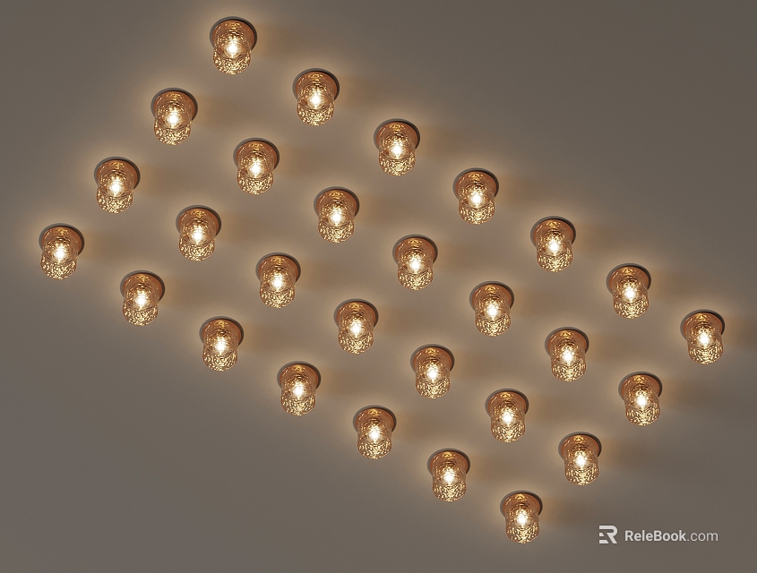 Ceiling With Multiple Glowing Light Bulbs Arranged In Orderly Pattern 3d model 