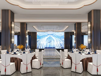 Luxurious Banquet Hall With Round Dining Tables Large Screen Crystal Chandelier And Decorative Flowers 3d model