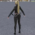 Blonde Woman In Black Mask Studded Leather Jacket And White Top Outside Glass Building