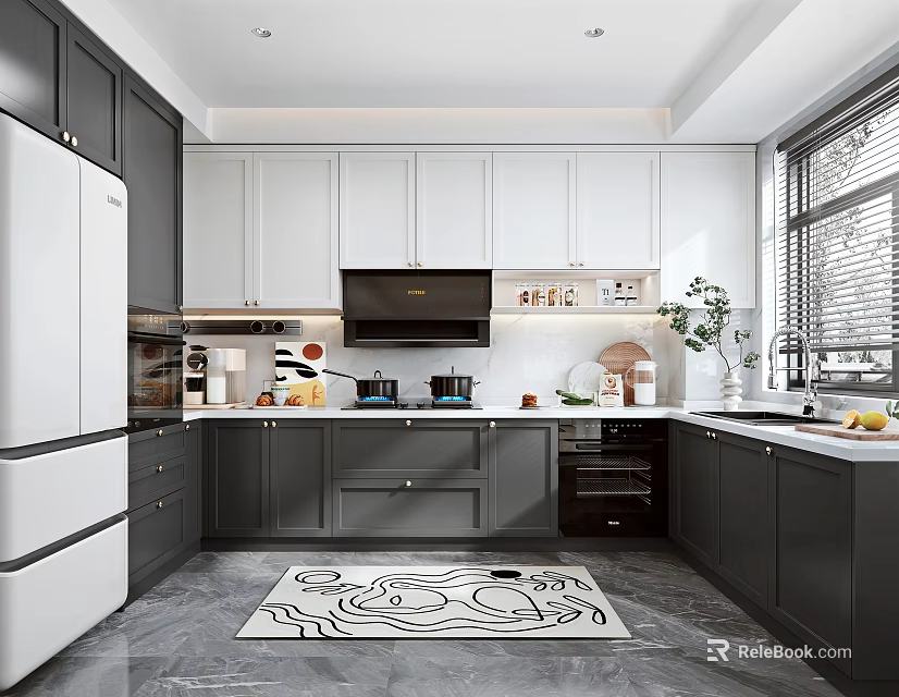 Modern Kitchen Interior With White Refrigerator Dark Grey Cabinets Countertop Window And Decorative Rug 3d model 