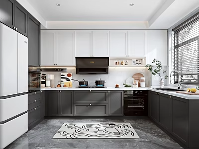 Modern Kitchen Interior With White Refrigerator Dark Grey Cabinets Countertop Window And Decorative Rug 3d model