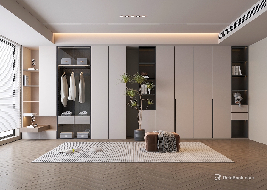 Modern Wardrobe Interior Design With Hanging Rods Shelves And Decorative Plant 3d model 